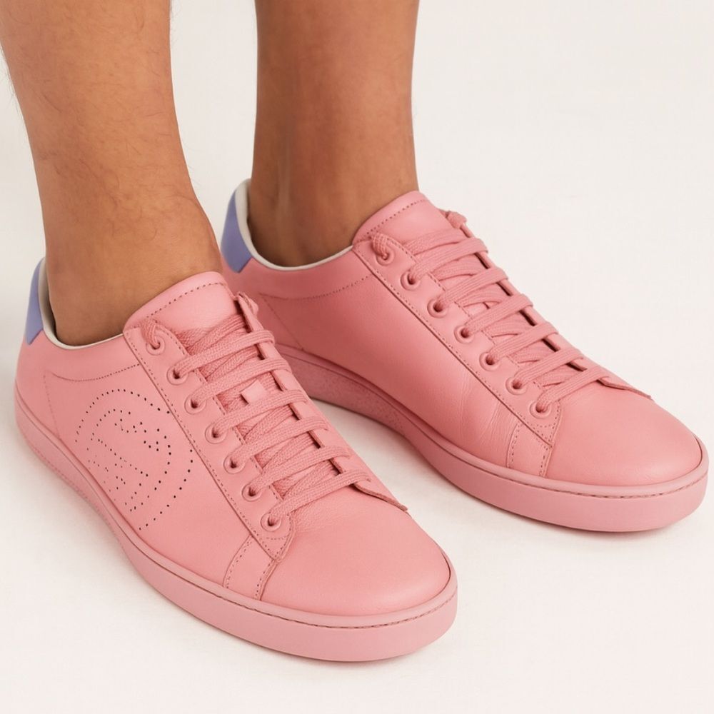 GUCCI Men Pink & Purple Leather New Ace Athletic Sneakers Size 39.5